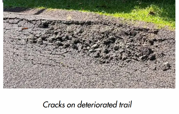 Photo showing damaged section of the trail with visible wear and ground deterioration.
